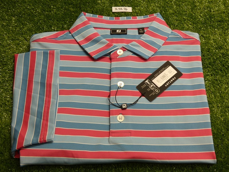 FootJoy Mens Color Stripe Lisle Polo Golf Shirt Blue/Magenta Large 35090