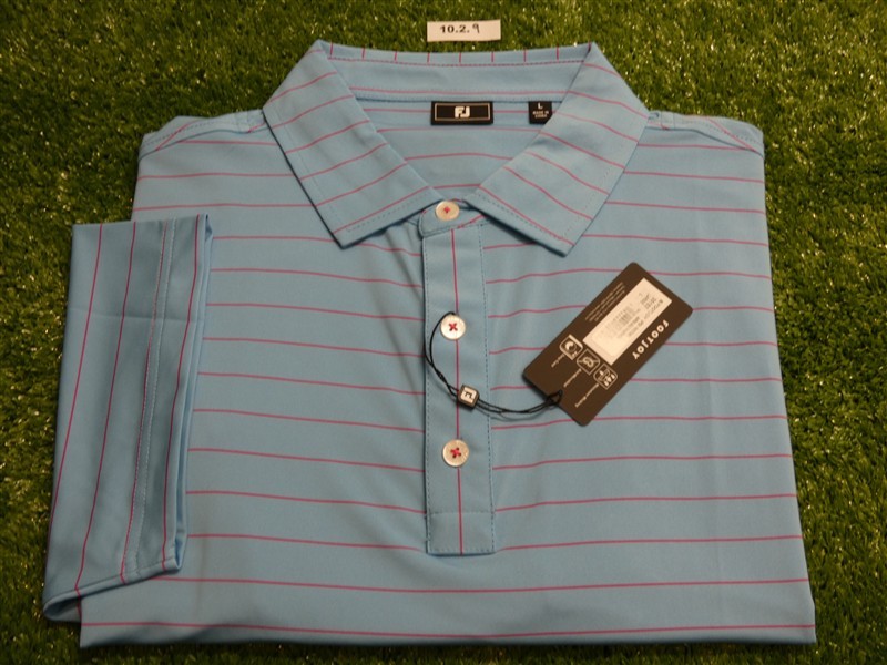 FootJoy Mens Open Pinstripe Lisle Polo Golf Shirt Air Blue/Magenta Large 35152