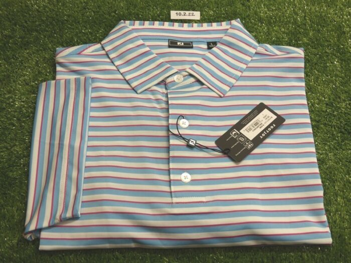FootJoy Mens Tie Stripe Lisle Polo Golf Shirt Air Blue/White/Magenta Large 35161