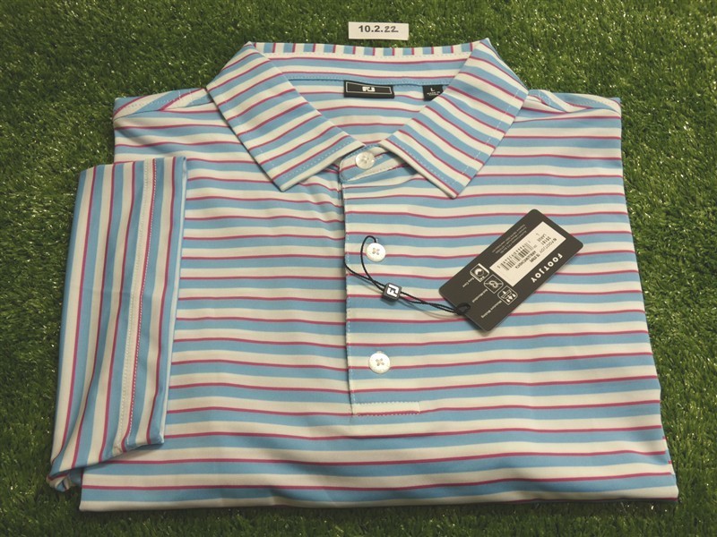 FootJoy Mens Tie Stripe Lisle Polo Golf Shirt Air Blue/White/Magenta Large 35161