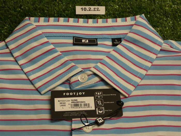 FootJoy Mens Tie Stripe Lisle Polo Golf Shirt Air Blue/White/Magenta Large 35161