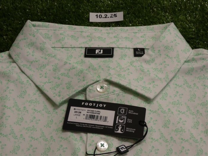 FootJoy Mens Vintage Floral Lisle Polo Golf Shirt White/Seafoam Large 35126