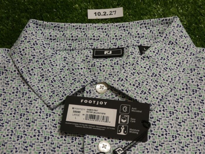 FootJoy Mens Gamer Pique Polo Golf Shirt White/Navy/Steel/Green Large 35095