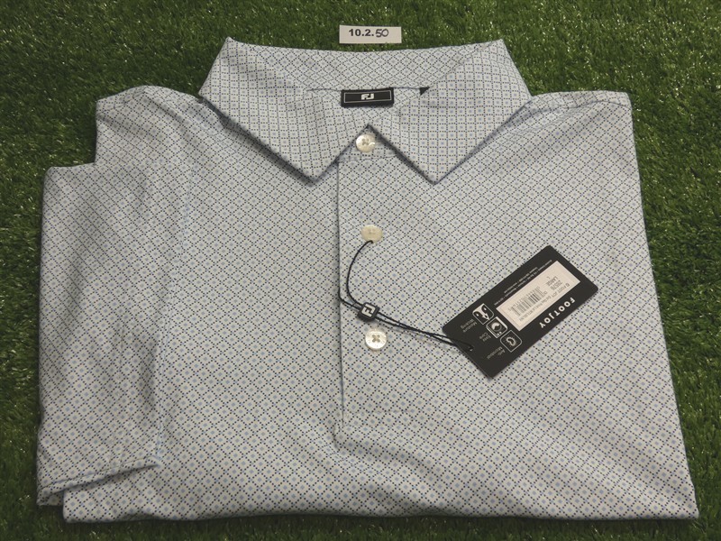 FootJoy Mens Dot Geo Lisle Polo Golf Shirt White/Blue/Navy Large 28576
