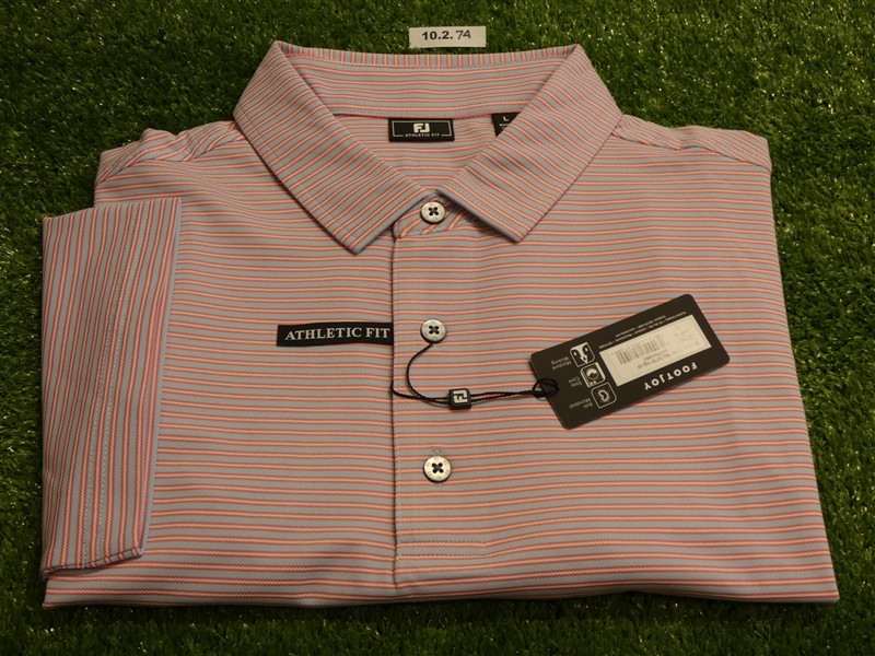 FootJoy Mens Athletic Fit Pique Polo Golf Shirt Sky/Pink/White Large 32363