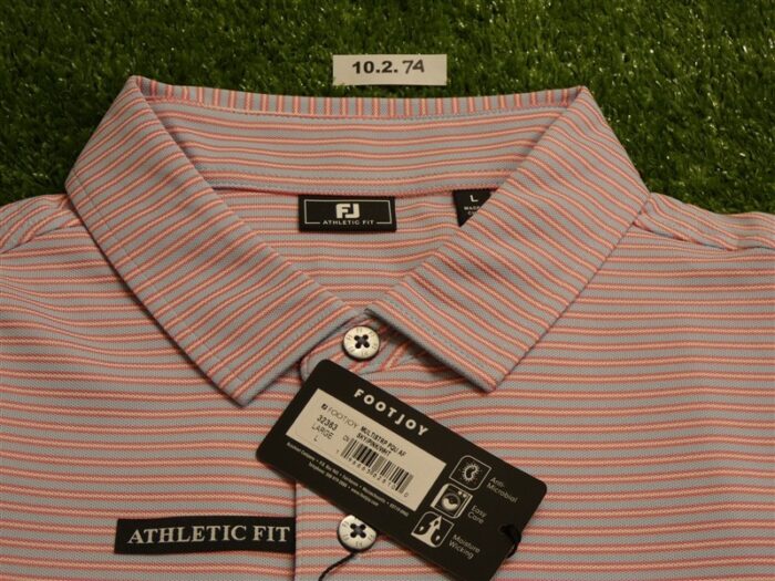 FootJoy Mens Athletic Fit Pique Polo Golf Shirt Sky/Pink/White Large 32363