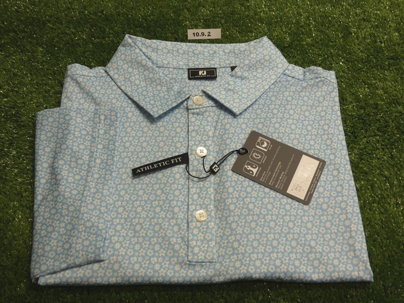 FootJoy Mens Athletic Fit Floral Lisle Polo Golf Shirt White/Sky Large 32033