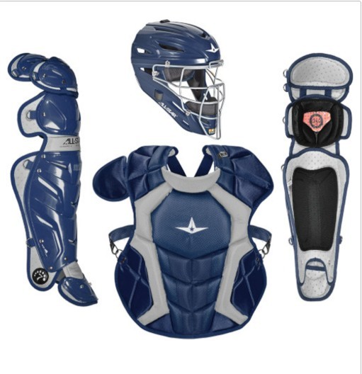 All-Star System 7 Pro Adult Baseball 3-Piece Catcher’s Set NOCSAE Navy/Grey New