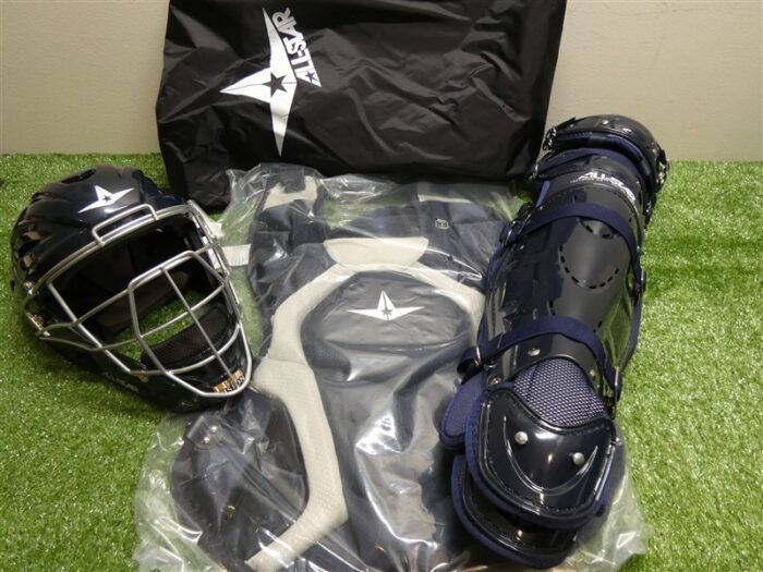 All-Star System 7 Pro Adult Baseball 3-Piece Catcher’s Set NOCSAE Navy/Grey New