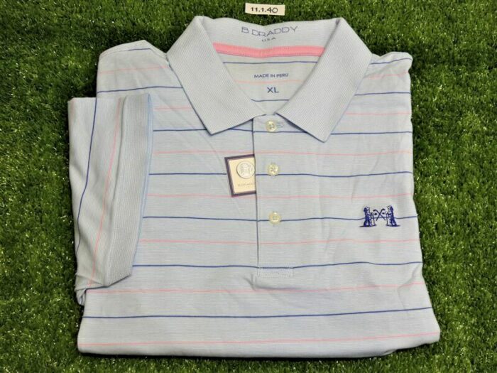 B Draddy Men’s Ian Polo Stripe Golf Shirt NGLA Logo Blue/Pink Extra Large