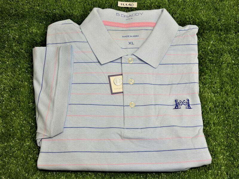 B Draddy Men’s Ian Polo Stripe Golf Shirt NGLA Logo Blue/Pink Extra Large