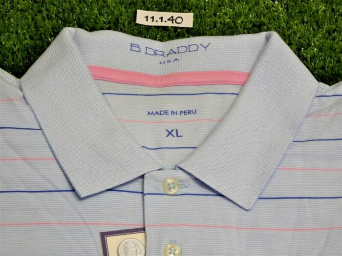 B Draddy Men’s Ian Polo Stripe Golf Shirt NGLA Logo Blue/Pink Extra Large